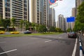 Empty road surface floor with city streetscape buildings Royalty Free Stock Photo