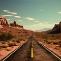 Empty road winding through rolling hills dotted with shrubs and trees, AI-generated. Royalty Free Stock Photo