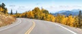 Empty road winds through a panoramic mountain landscape scene with golden fall aspen trees in the Colorado mountains Royalty Free Stock Photo