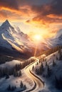 empty road at winter snowy mountains, snow and way to new future, life and hope concept