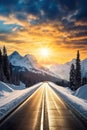 empty road at winter snowy mountains, snow and way to new future, life and hope concept