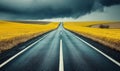 Empty road through yellow fields under stormy sky, ideal for travel or journey concepts Royalty Free Stock Photo