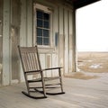 An empty rocking chair on a porch overlooking a boarded up factory and a barren landscape its owner nowhere to be seen
