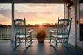 empty rocking chairs on a peaceful farmhouse porch at dusk Royalty Free Stock Photo