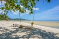 Empty romantic swing on deserted beach against the sea