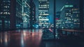 Empty rooftop restaurant overlooking the city at night