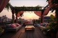 empty rooftop terrace with cozy seating arrangement