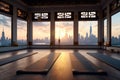 empty rooftop yoga studio with a breathtaking cityscape view