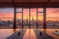 empty rooftop yoga studio with a breathtaking cityscape view