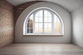 Empty room with arched window and shiplap flooring. Brick wall in loft interior mockup Royalty Free Stock Photo