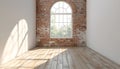 Empty room with arched window and shiplap flooring. Brick wall in loft interior mockup. Studio or office blank space Royalty Free Stock Photo