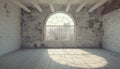 Empty room with arched window and shiplap flooring. Brick wall in loft interior mockup. Studio or office blank space Royalty Free Stock Photo