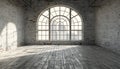 Empty room with arched window and shiplap flooring. Brick wall in loft interior mockup. Studio or office blank space Royalty Free Stock Photo