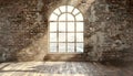 Empty room with arched window and shiplap flooring. Brick wall in loft interior mockup. Studio or office blank space Royalty Free Stock Photo