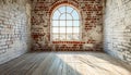 Empty room with arched window and shiplap flooring. Brick wall in loft interior mockup. Studio or office blank space Royalty Free Stock Photo