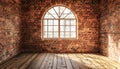 Empty room with arched window and shiplap flooring. Brick wall in loft interior mockup. Studio or office blank space Royalty Free Stock Photo