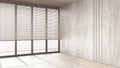 Empty room background, bleached wooden walls, marble tiles floor and big window with venetian blind, white modern architecture