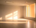 Empty room with warm sunlight streaming through windows casting shadows image photo Royalty Free Stock Photo