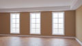 Empty Room with Beige Walls, Three Large Windows, Light Glossy Parquet