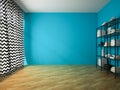 Empty room with blue wall and glass rack 3D rendering