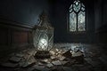 empty room, with broken lantern and shattered glass on the floor, in abandoned castle Royalty Free Stock Photo