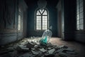 empty room, with broken lantern and shattered glass on the floor, in abandoned castle Royalty Free Stock Photo