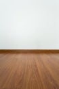 Empty room with brown wood laminate floor and white mortar wall Royalty Free Stock Photo