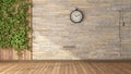 Empty room with climbing plants,wooden panel and stone wall