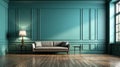 An empty room with a cool toned turquoise blue wall and natural wood flooring. AI Generated