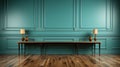 An empty room with a cool toned turquoise blue wall and natural wood flooring. AI Generated