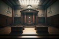 Empty room of courtroom, before hearing of criminal case. Generative AI Royalty Free Stock Photo