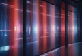 An empty room with a curved wall displaying a glowing, abstract, digital artwork. The artwork is composed of red and
