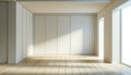 Empty room embodying the Japanese minimalist ethos. The space is characterized by clean lines, light wooden flooring. AI Generated
