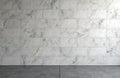 Empty room features light grey marble wall with rectangular tiles. Dark grey stone floor tiles compose modern interior design Royalty Free Stock Photo