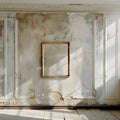 An empty room with a wooden picture frame fixture on the wall