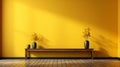 Minimalist Bench With Vases And Yellow Wall: Elegant Chiaroscuro Background