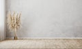 Empty room with gray wall and wooden floor, curtain and vase with decorative dried grass, pampas grass, wall background, 3d