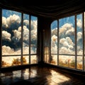 Empty room with a great window to the cloudly sky