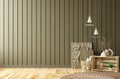 Empty room interior background, olive color paneling wall, home decor over the wooden planks wall. Weave rug on the parquet