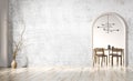 Empty room interior background, white concrete or stucco wall, arch door to dining room. Wooden floor, vase with branch. Mock up Royalty Free Stock Photo