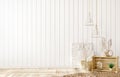 Empty room interior background, white paneling wall, home decor over the wooden planks wall. Weave rug on the parquet flooring. 3d Royalty Free Stock Photo