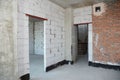 Empty room interior build with white and red bricks, plastering wall, waterproofing floor, metal door lintel Royalty Free Stock Photo