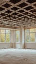 Empty Room, Interior With Coffered Ceiling, Sunlight And Large Windows, Renovation Project Royalty Free Stock Photo