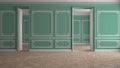 Empty room interior design, classic open space with turquoise and white walls, parquet floor, walls with trim molding, victorian