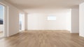 Empty room interior design, open space with big panoramic window, balcony on sea panoramic view, parquet wooden floor, modern Royalty Free Stock Photo