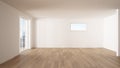 Empty room interior design, open space with big panoramic window, balcony on sea panoramic view, parquet wooden floor, modern Royalty Free Stock Photo