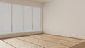 Empty room interior design, open space with big panoramic window, herringbone parquet wooden floor, white walls, venetian blinds Royalty Free Stock Photo