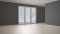Empty room interior design, open space with big panoramic window on winter meadow with snow and trees, parquet herringbone wooden Royalty Free Stock Photo