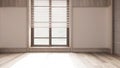 Empty room interior design, open space with parquet floor, big window with venetian blinds, bleached wooden and white walls,