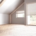 Empty room interior design, open space with parquet floor, bleached wooden sloping ceiling and panoramic windows, white walls,